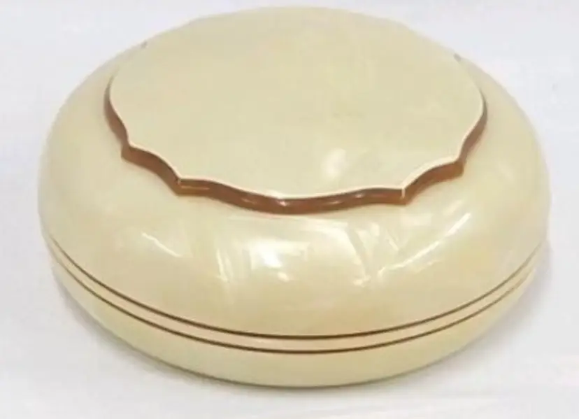Vintage Ivoris Pearl-Tone Round Trinket Box, Cream/Brown, 4.5" x 2"