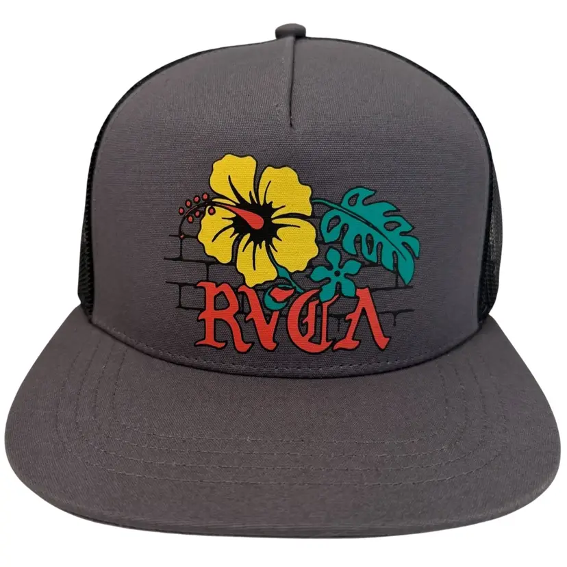 RVCA Tropical Hibiscus Floral Print Flat Brim Gray Unisex Trucker Style Snapback