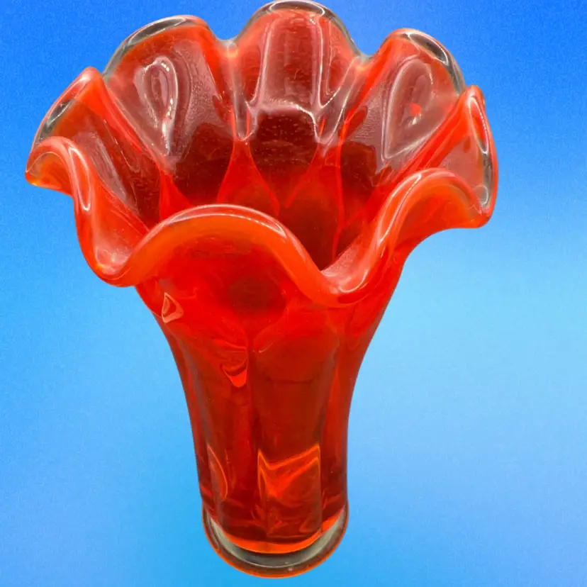 Rare Vintage MCM 1966 Double Layered Edge Crown Viking Glass Orange Swung Vase