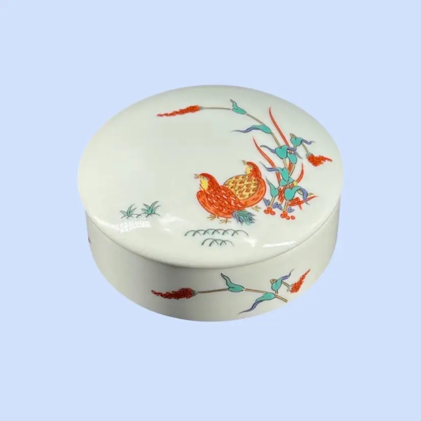 #310- Vintage Trinket Box (Koro)Japanese Arita Ware Kakiemon-Style Hand-Painted Quail Bird & Millet Motif