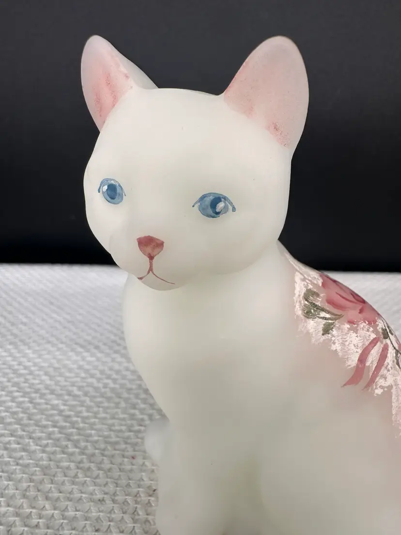 Vintage Fenton Hand-Painted White Signed Satin Glass Cat