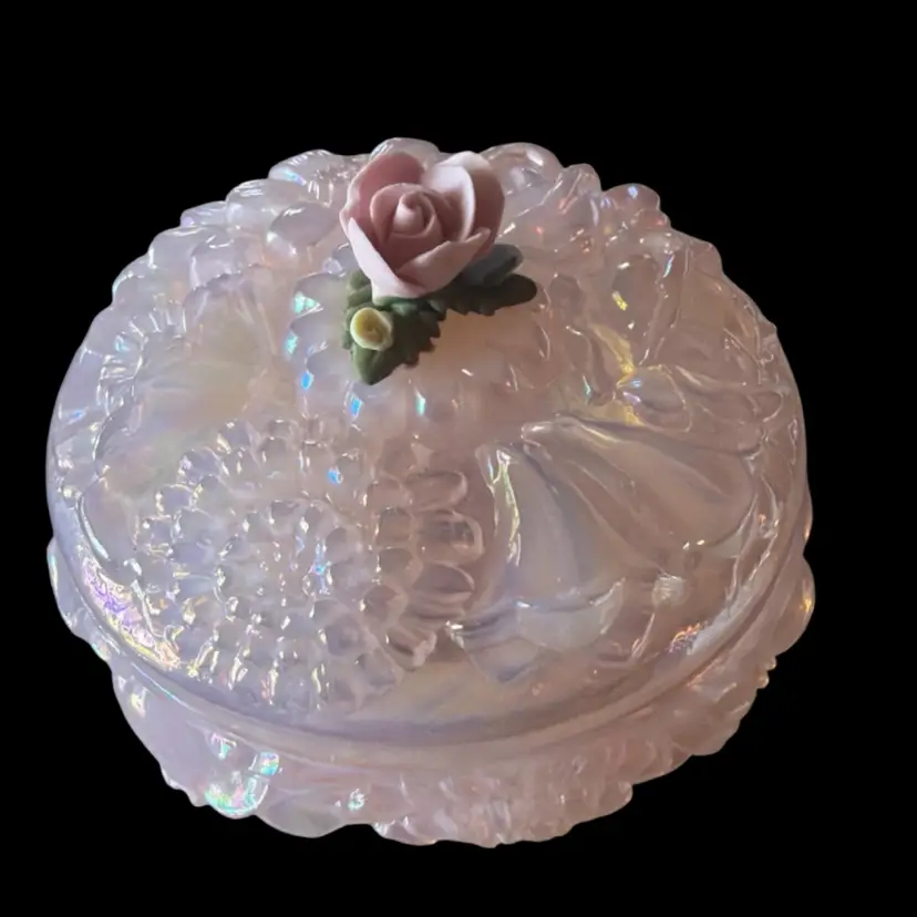 Vintage FENTON Pink Carnival Glass Powder Jar- Chrysanthemum With Rose Embellishment Hard To Find Design.
