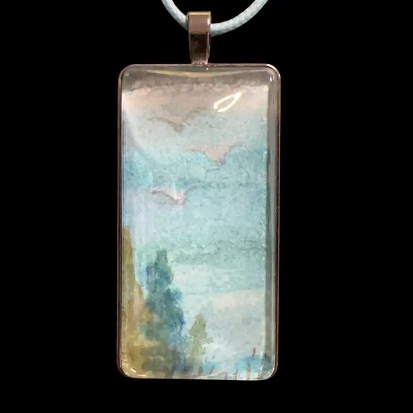 “Coastal Blue” Original Watercolor Art Pendant Necklace 2”x 1”