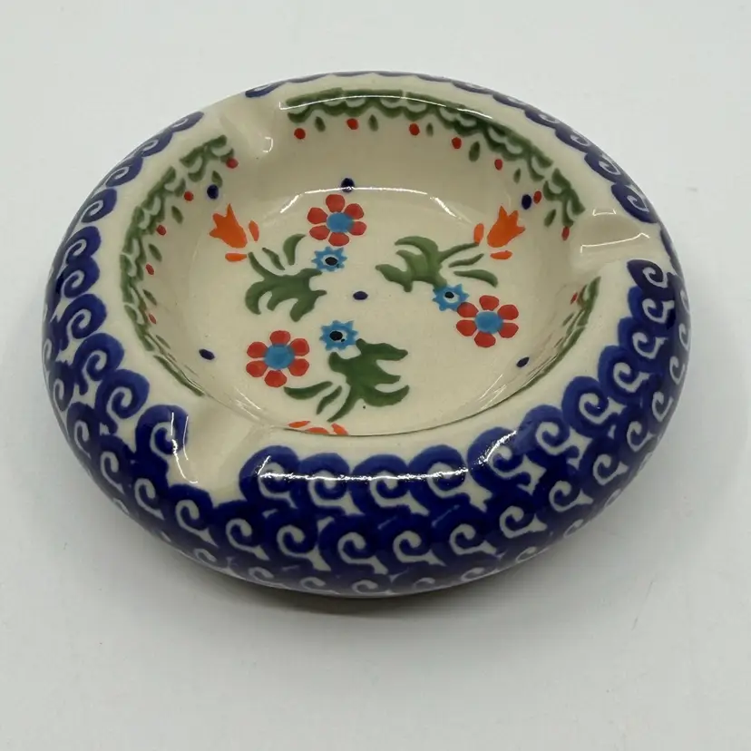 Polish Pottery Ceramika Bona Stoneware Ashtray Spring Flower Pattern 4.25”