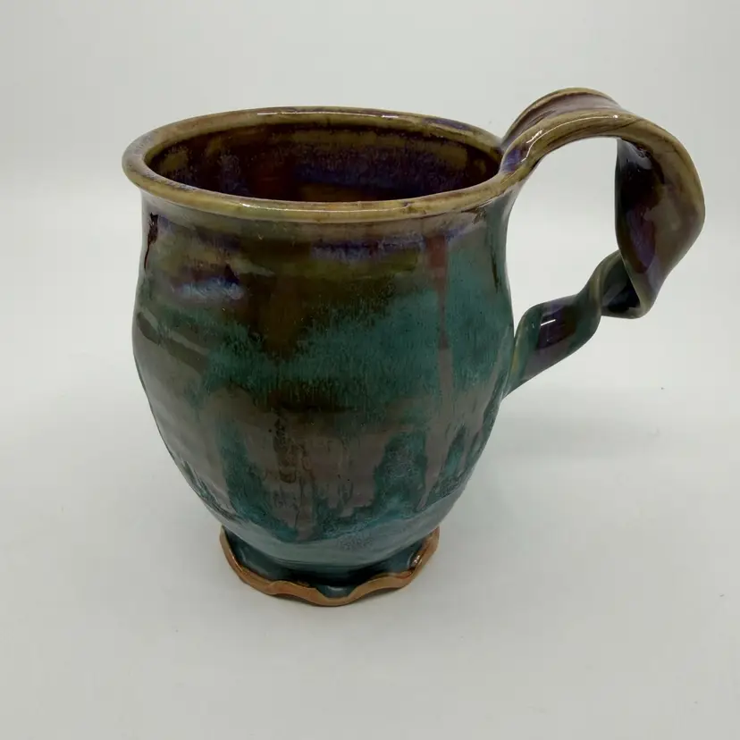 Vintage Signed Studio Art Pottery Drip Glaze Mug W Twisted Handle