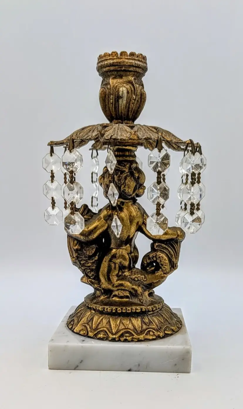 Vintage Italian Cherub & Dolphin Candlestick | Hollywood Regency Marble & Glass
