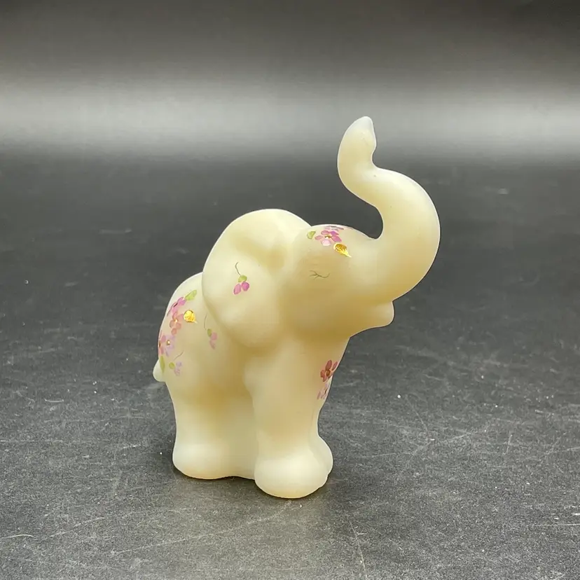 Fenton White Satin Glass Elephant Figurine Hand Painted Flowers VTG Signed