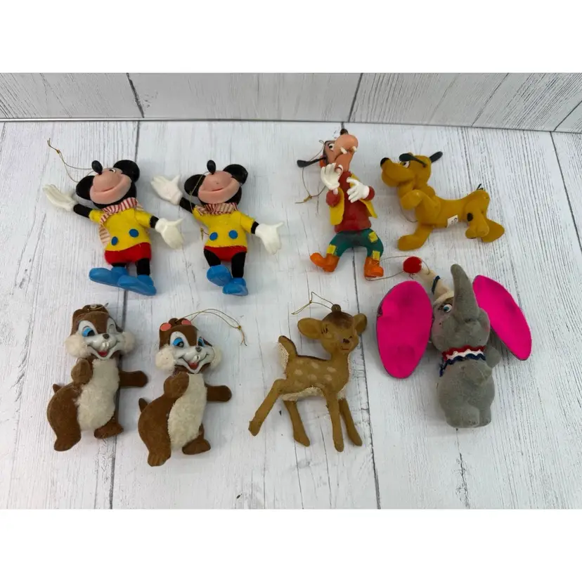 Walt Disney Flocked Christmas Ornaments Vtg Mickey Chip Goofy Pluto Bambi Dumbo