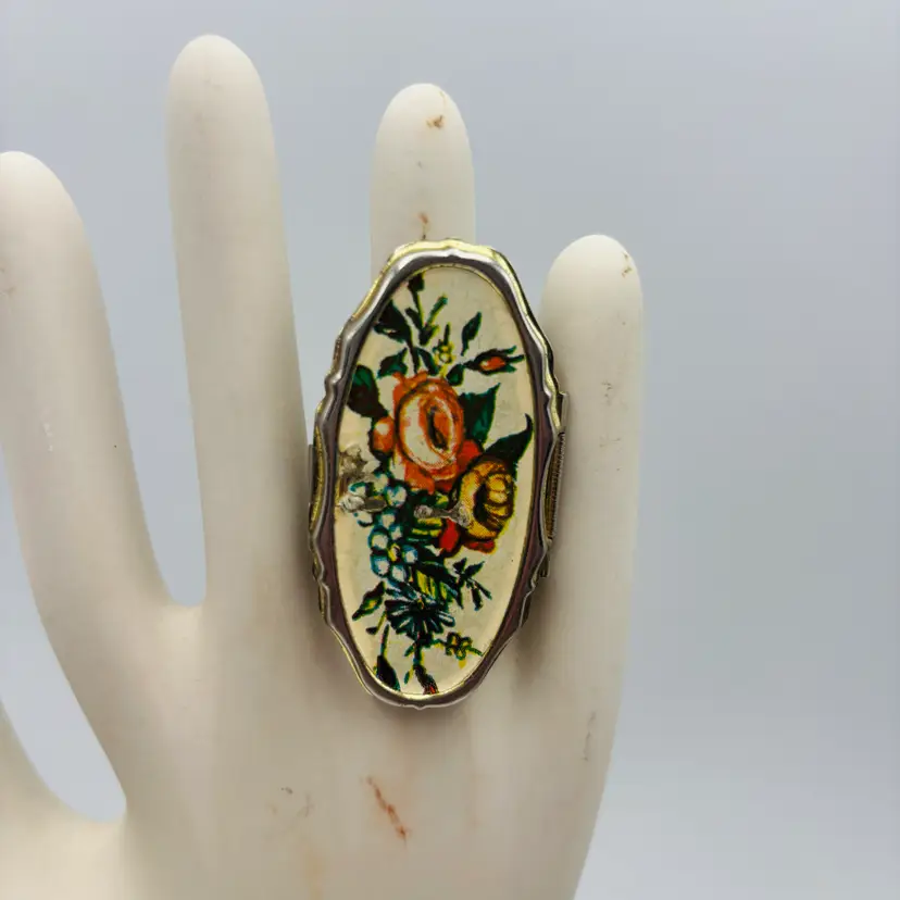 Vintage Lipstick Holder Hinged Flip Top Mirror Lipview Case Gold-Tone Floral