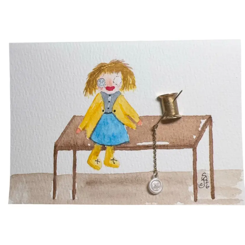 Original Watercolor Card Doll Needing Repair With Needle, Thread, And Button Pin 5 X 3.5”
