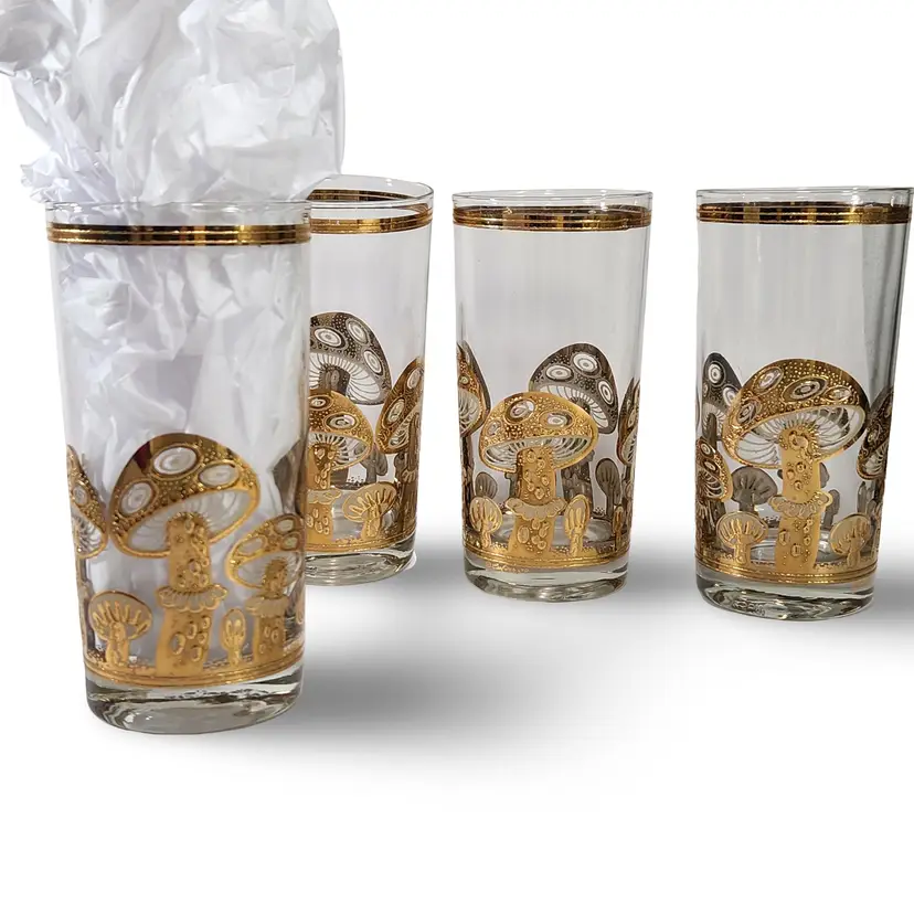 Set of 4 Culver Mushroom Highball Glasses 22K Gold Tumbler Signed MCM Barware – USA (NY)