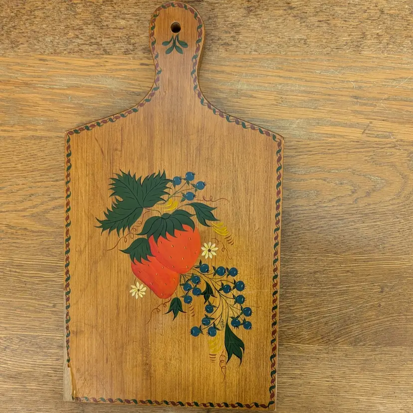 Vintage Wooden Cutting Board Hand Painted Strawberries Blueberries Wall Hanging