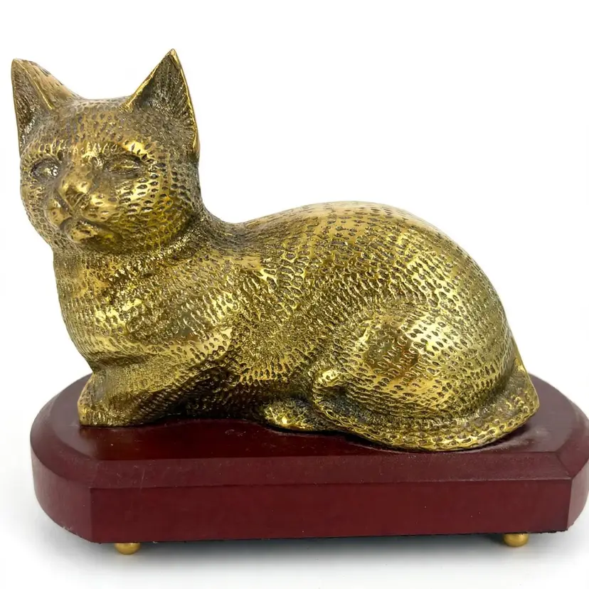 Vtg Brass Cat on Wood Pedestal w/ 4 Brass Ball Feet - Figurine Sculpture