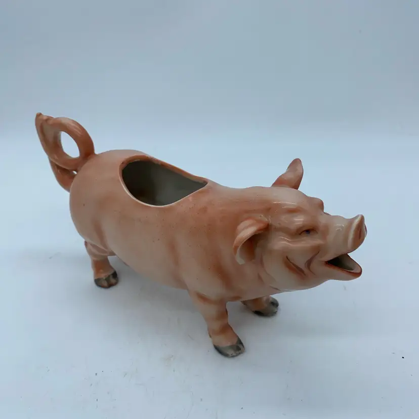 #2113 Antique German Art Nouveau porcelain pink pig figural Creamer 1910s