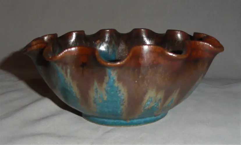 Pigeon Forge Scalloped Edge Bowl ~ Blue/Brown ~ Signed A Huskey Artisan Drip Glaze