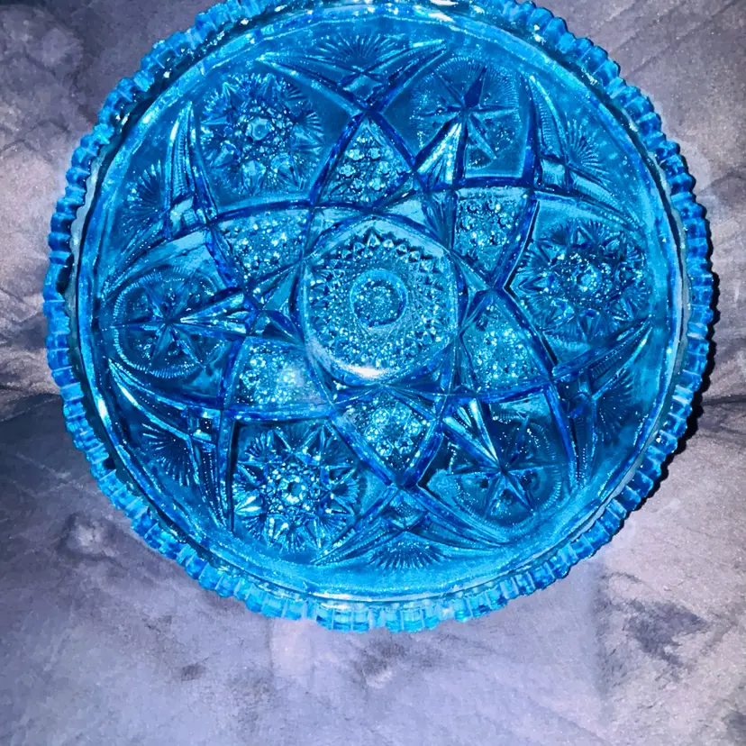 Vintage Kemple Glass EAPG Peacock Blue Platter W/ Sawtooth Rim Yutec Pattern