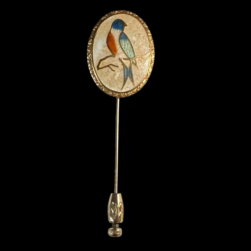 Antique Art Deco Basse-Taille Champlevé Enamel Bluebird Stick Pin Gold Tone 3”