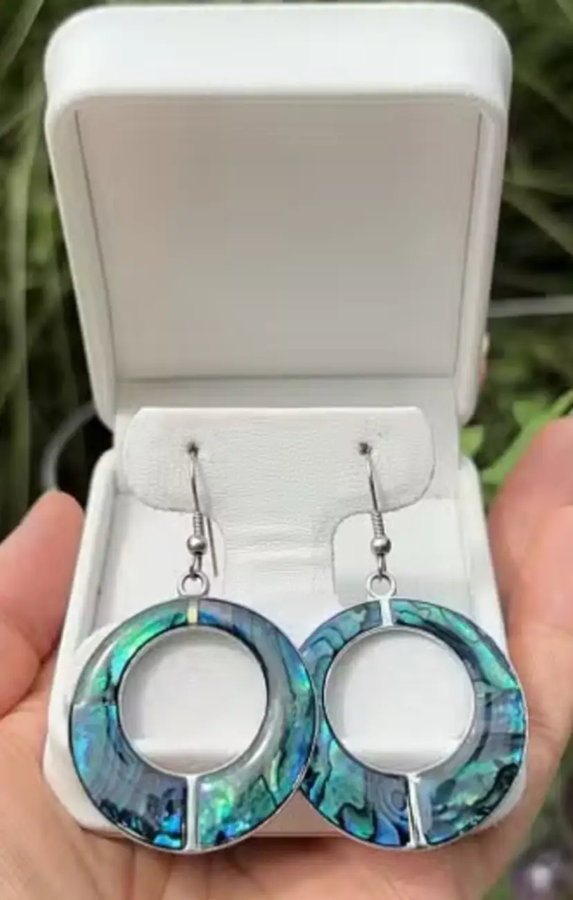 Abalone Shell Silvertone Dangle Earrings, Big Round Earrings