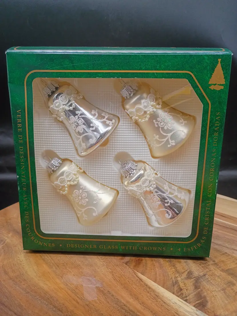 Christmas by Krebs Set of Silver & White Bells Mercury Glass Ornaments in Box .