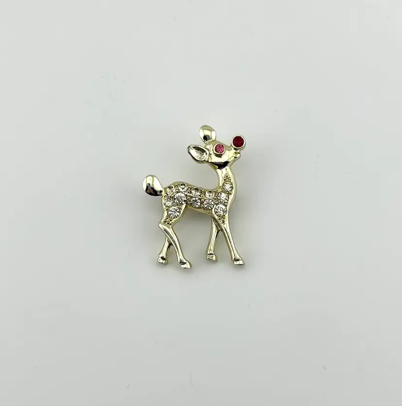 Vintage Gold Tone Rhinestone Rudolph Christmas Pendant 1.75”x 1.25”