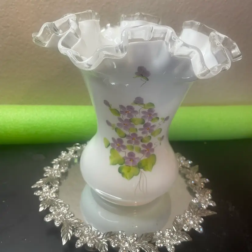 Artist Signed Fenton Art Glass milk glass 8” ruffled vase in the "Violets in the Snow" Silver Crest pattern.