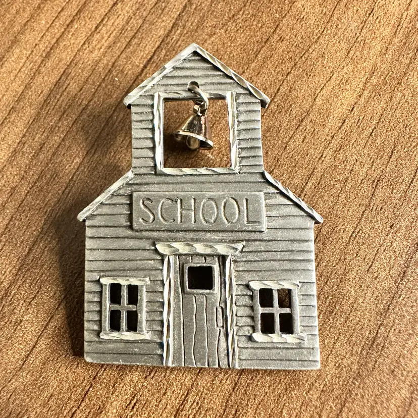 JJ Brooch School House With Bell Pewter-Tone