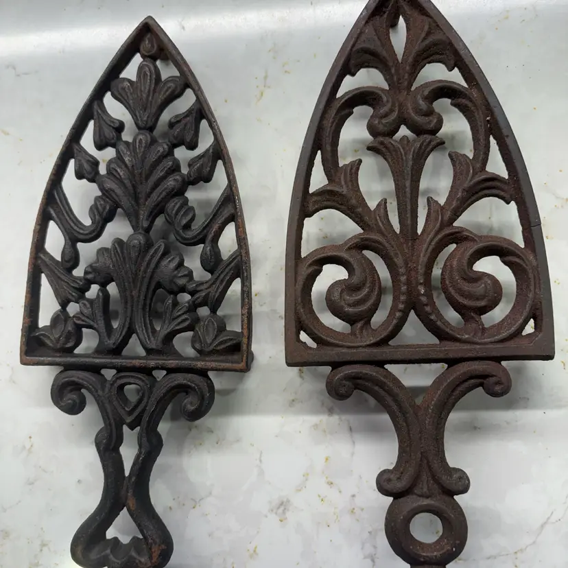 Pair Vintage Cast Iron Trivets - Wilton Marked + Scroll Sad Iron 8.5"