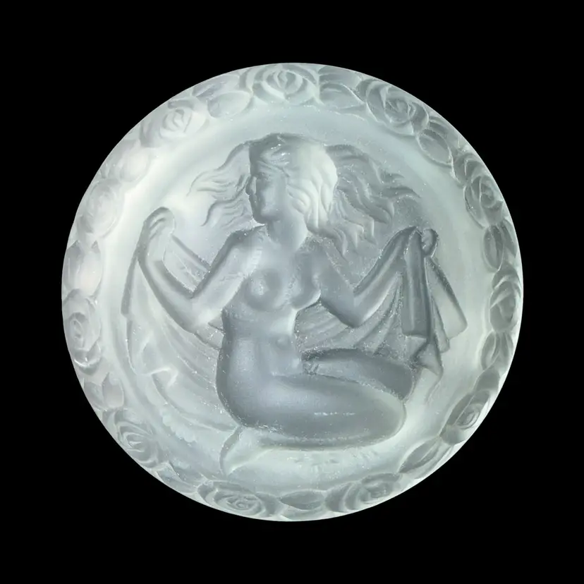 Vintage Czech Art Deco Frosted Glass Nude Woman Vanity Jar Lid Only
