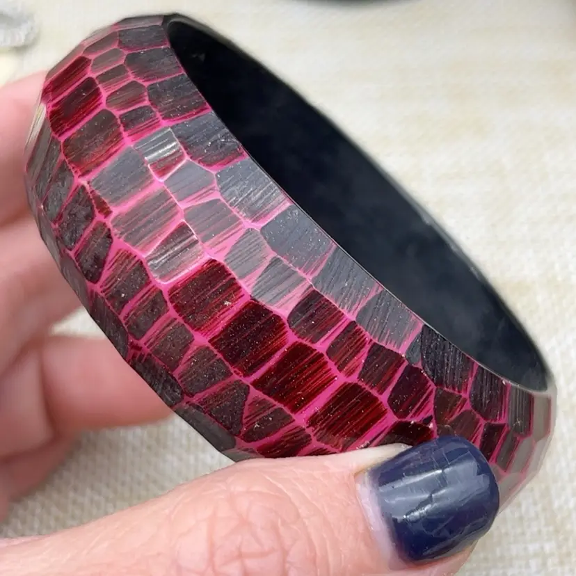#01 Hot Pink & Black Geometric Wide Statement Bangle Bracelet 2 1/2” Opening