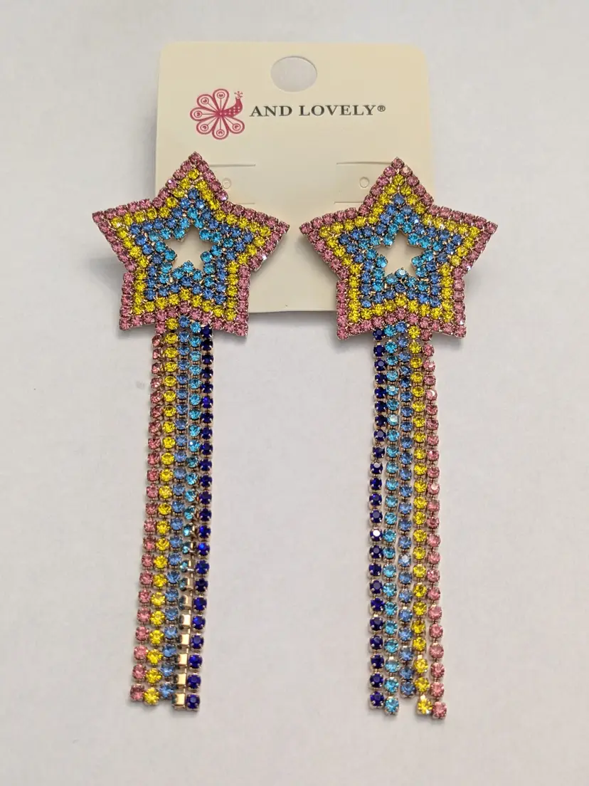 And Lovely Gold Tone Multicolor Rhinestone Star Fringe Dangle Pierced Earrings NWT
