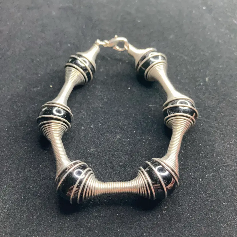 Silver Tone And Black Glass Bracelet! 8” +