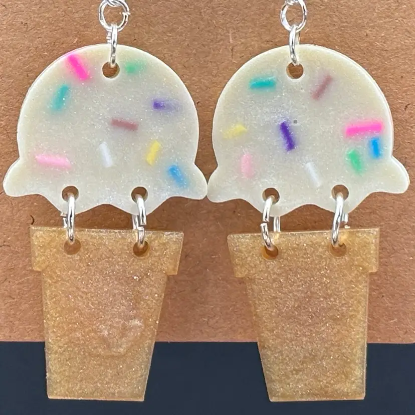 Vanilla With Rainbow Sprinkles Ice Cream Cone Articulated Earrings - Made by Me