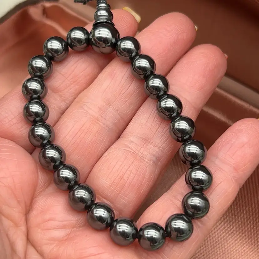 Magnetic Hematite Beaded Stretch Bracelet Polished Gunmetal Stone