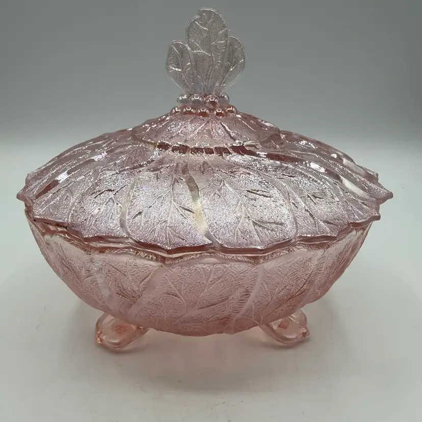 Imperial Glass Acanthus Leaf Pink Irridecent Lidded Candy Dish