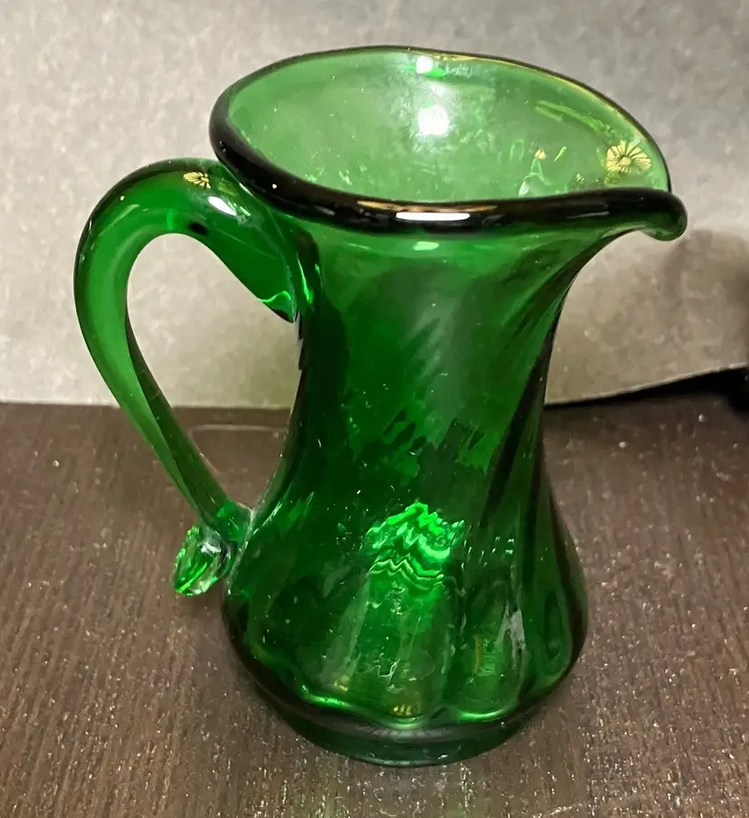 HandBlown Swirled Green Glass with Applied Green Handle