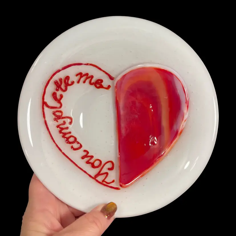 You Complete Me White Fused Glass Bowl Red Heart | 6.5”