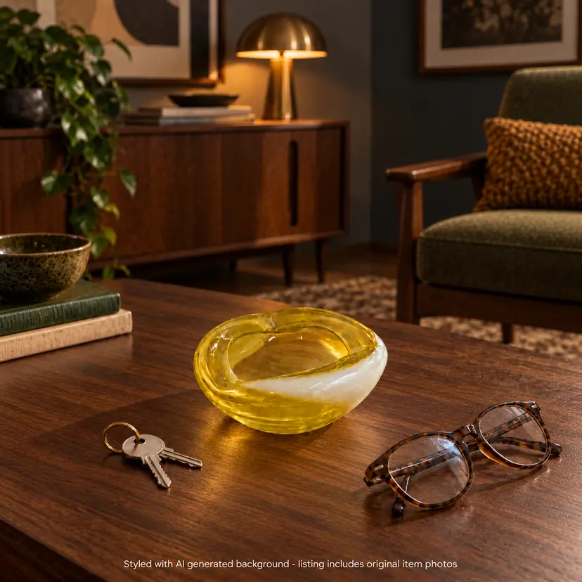 Vintage Yellow Art Glass Bowl White Swirl Murano Style Geode Ashtray 1970s