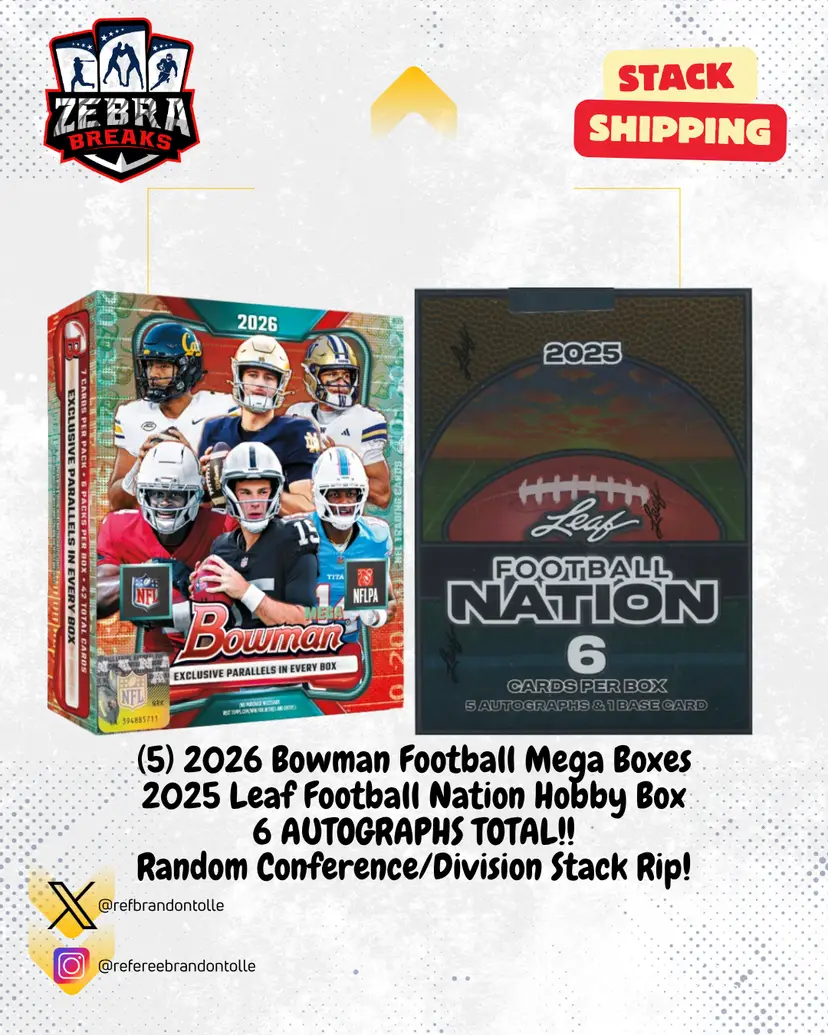 ZB 26380: (5) 2026 Bowman Football Mega Box/2025 Leaf Football Nation 6 Box Stack Conference/Division Rip