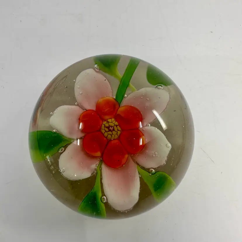 Red Floral Art Glass Paperweight Unsigned