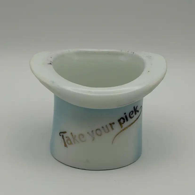 Antique, “Take Your Pick”, Ceramic, “Top Hat” Toothpick Holder, Blue/Gold Accents, Made in Germany