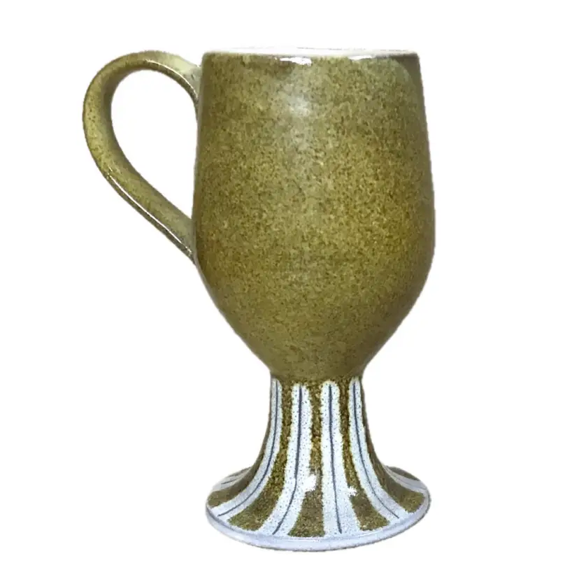 Italian Pottery Mustard Irish Coffee Mug Pedestal Cup Striped Base Cottagecore