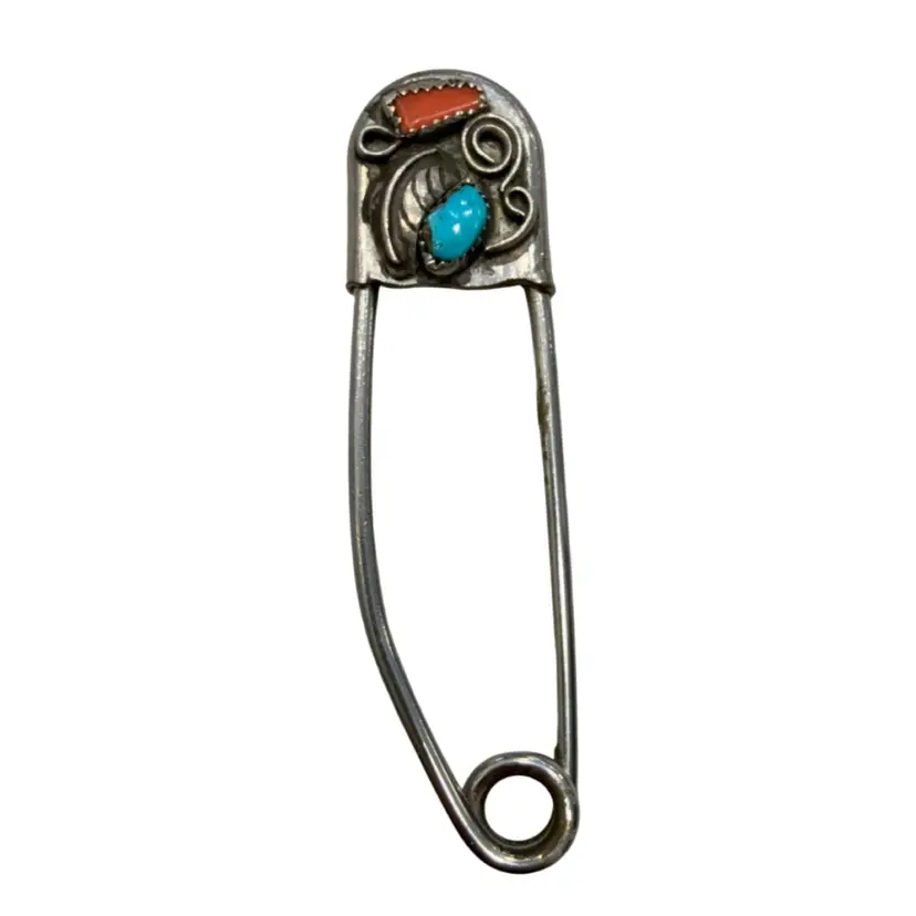 Vintage Navajo Turquoise & Coral Sterling Silver Decorated Brass Safety Pin Key Ring, Blanket or Lapel Pin, 3.25”