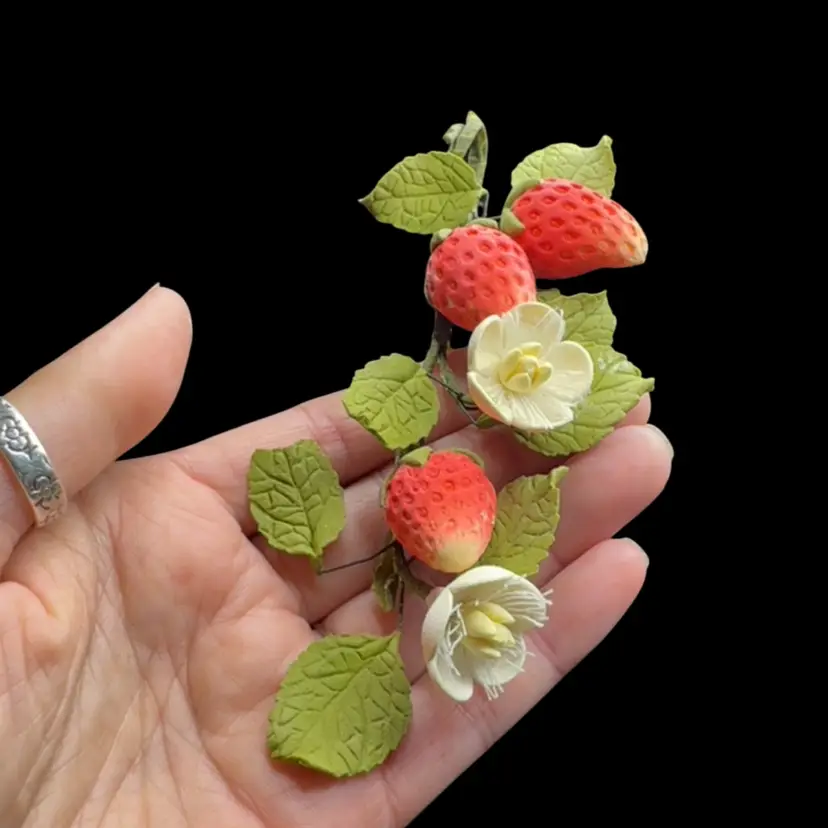 Vintage Handmade Polymer Strawberry Branch 5.5” As Is