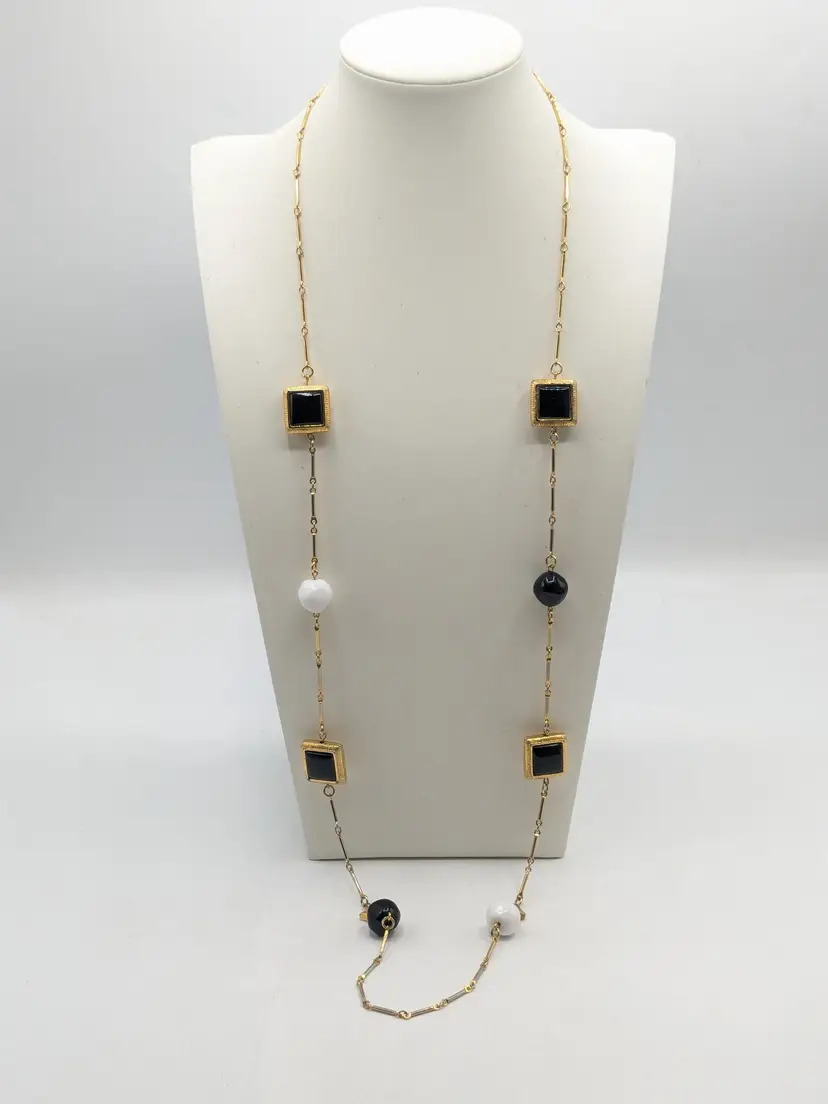 Vintage Liz Claibone Long Gold Tone Black and White Geometric Station Necklace