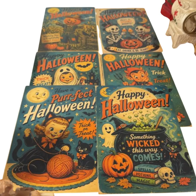 Six Vintage Inspired Colorful Halloween Postcards