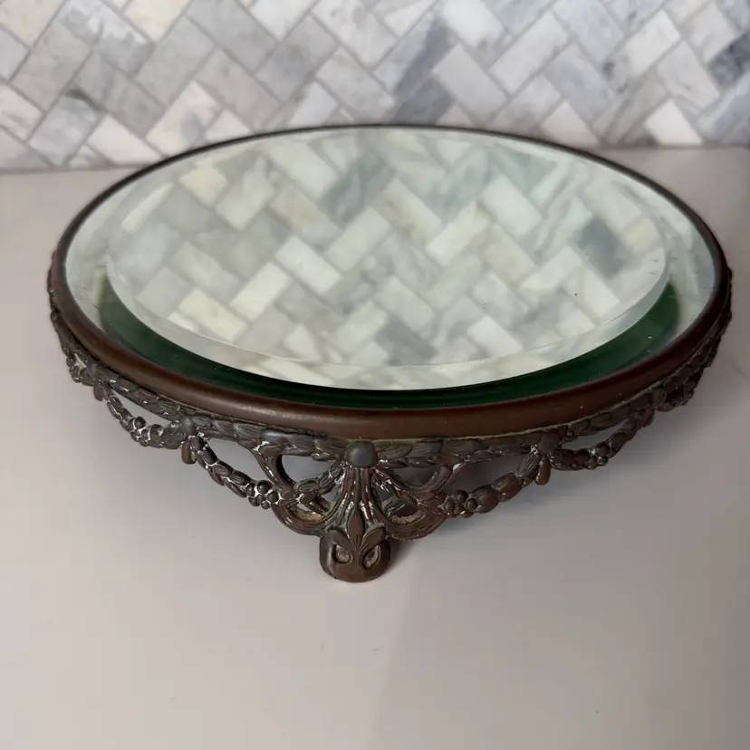 Antique Victorian cast metal framed mirrored plateau tray. 10”x2”