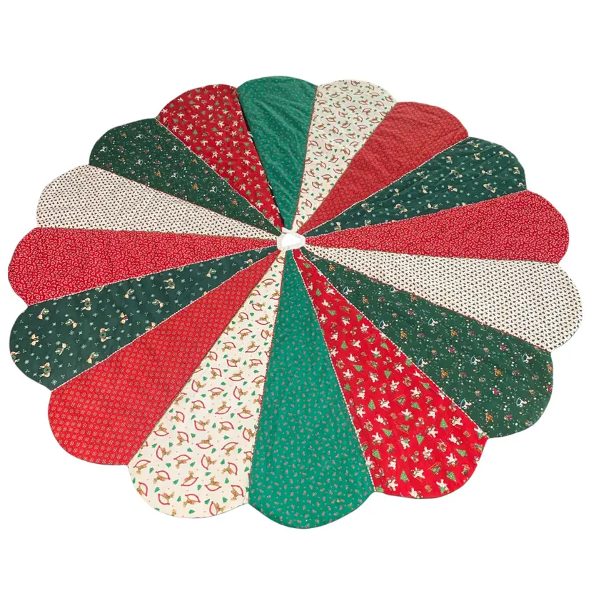 Vintage Christmas Tree Skirt Handmade Machine Stitched Holiday Prints 55.5"