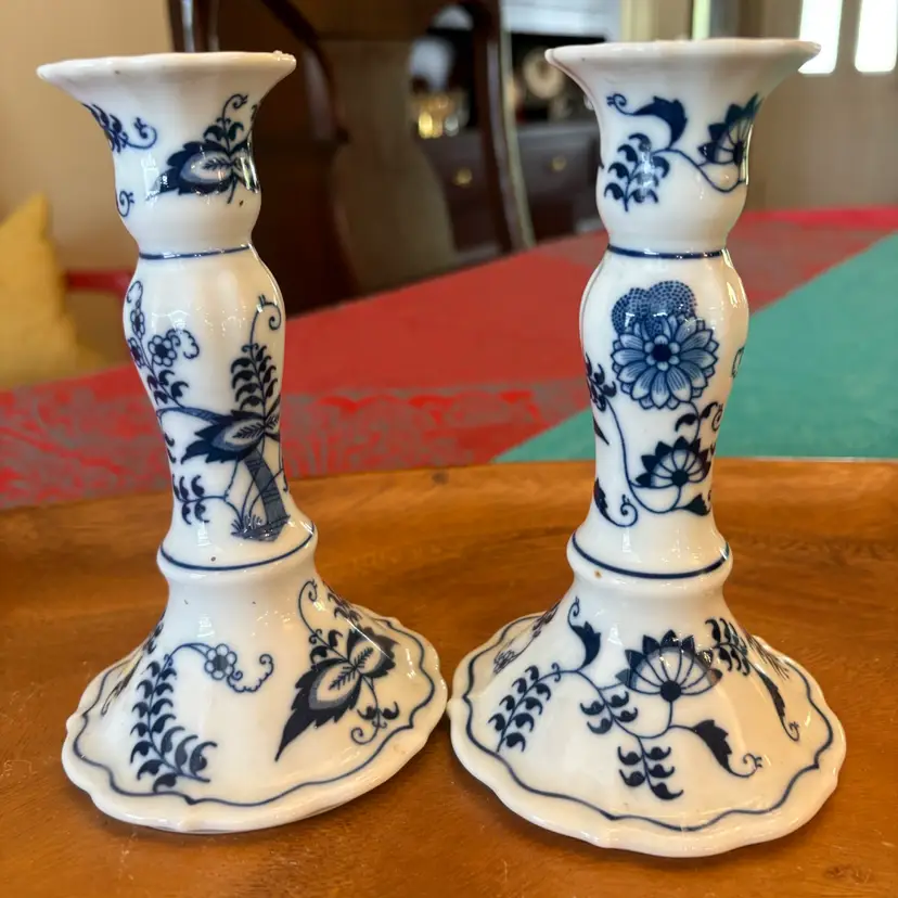 Blue Danube Japan 6.5" Candlestick Holders Set of 2 Blue and White Scalloped