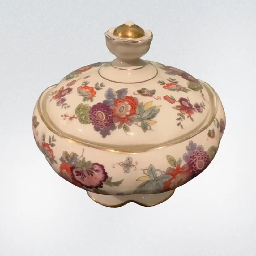 06 - Thomas Ivory Bavaria Footed Covered Dish Gold Trim Florals