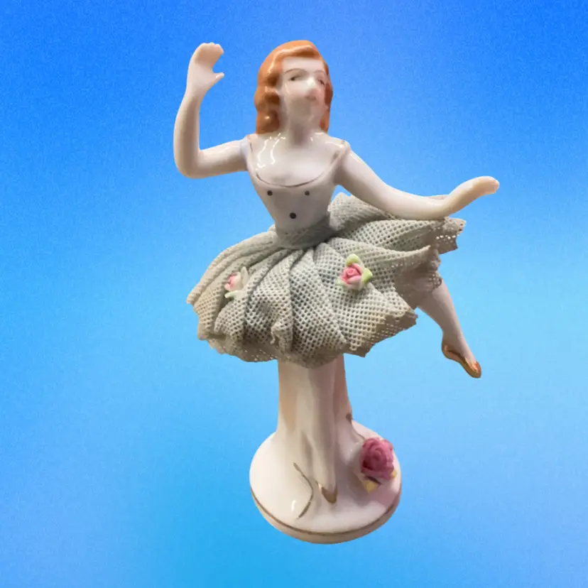 Porcelain Ballerina Figurine Ruffled Lace Tutu Gold Trim Japan Pink 4"